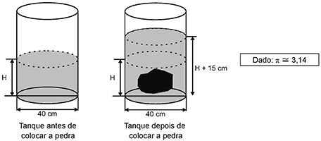 Primeira imagem: Tanque antes de colocar a pedra. Segunda imagem: tanque depois de colocar a pedra. Dado: pi igual ou aproximado a três vírgula quatro