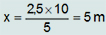 x igual a dois vírgula cinco vezes dez sobre cinco igual a 5 metros