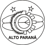 O Braso de armas do municpio de Alto Paran esta inserido em um crculo azul-celeste, com seu contorno em branco. Integra o Braso de armas do municpio de Alto Paran a metade de uma semente de caf, ao centro, em sentido horizontal, com seu contorno em branco, representando sua principal produo agrcola. Sobrepe-se a semente de caf,  direta, meia serra circular, em branco, simbolizando a indstria madeireira, que por muitos anos sustentou o povoado nascente, e,  esquerda, tambm em branco, meia engrenagem, com sete dentes, representando o progresso. No interior do espao formado pela meia serra e pela meia engrenagem, h um crculo menor com o contorno na cor branca, representando a influncia hippie cujo significado  paz e amor, o dimetro em linha horizontal e os dois raios que partem do centro para o terceiro e quinto dentes da meia engrenagem, tambm em cor branca, simbolizam os trs poderes constitudos do municpio. Entre a meia serra circular e o crculo menor aparece o disco lunar, em quarto crescente, que representa o progresso contnuo das comunidades altoparanaenses. Na parte superior do crculo maior, na altura do terceiro dente da meia serra circular e no segundo dente da meia engrenagem figuram duas estrelas, em sua cor, que representam os distritos de Maristela e Santa Maria. Na parte inferior do crculo maior, em branco, est inscrito o topnimo do municpio, em letras maisculas: ALTO PARAN. As cores oficiais do municpio de Alto Paran so: azul-celeste e branco. Em herldica, o azul, cor do firmamento, simboliza a justia, verdade, lealdade e beleza. O branco  a luz pura. Simboliza integridade, obedincia, vigilncia, paz e ordem.