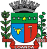 O Braso de Armas de Loanda foi oficializado pela Lei Municipal n 27 de 24 de novembro de 1965.  um escudo portugus em faixa e partido. Na primeira faixa horizontal, quatro estrelas em prata e uma em ouro, colocadas em campo verde. Representam as quatro famlias pioneiras do municpio: Joo Tavares de Souza, Francisco Rocha, Joo Macena de Oliveira e Duarte Celestino de Oliveira. A estrela maior, em ouro, representa a Empresa Colonizadora, a quem muito se deve pela intrepidez. Na segunda faixa partida (vertical) uma cabea de boi em ouro, colocada em campo azul, representando a pecuria, uma das principais riquezas do municpio. Na terceira faixa (vertical) um machado em prata, colocado em campo vermelho, reverenciando a bravura dos pioneiros que tombaram bravamente as florestas, onde se ergue hoje, imponentemente, a progressista cidade de Loanda. O machado simboliza o primeiro instrumento utilizado pelos pioneiros. Em cima do escudo, uma coroa mural em prata, dentada com cinco torres, representando a cidade.Na base um listel goles (vermelho) com os seguintes dizeres em prata: 1953 (data da fundao da cidade de Loanda) e do lado esquerdo 1955 (data da emancipao poltica).Como suporte  destra e a sinistra, respectivamente, uma haste de caf e uma de algodo em suas devidas cores  juntamente com a pecuria  que representam as principais fontes de riqueza do municpio. Metais e esmalte com o significado: Ouro (fora), Prata (candura), Vermelho (intrepidez), Azul (serenidade), Verde (esperana), Negro (sabedoria).