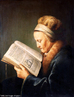 Esta obra de Gerrit Dou, talvez e principalmente por ter sido atribuda inicialmente ao mestre (Rembrandt),  conhecida por vrios nomes: Idosa lendo Bblia; Retrato de uma velha lendo; Velha lendo um dicionrio e, tambm, Retrato da me de Rembrandt .<br> Old Woman Reading a Lectionary -  leo sobre painel, 55.5 x 71 cm - Museu de Arte , Amsterd, Holanda <br> <br> Palavras-chave: Datas especiais. Idoso. 